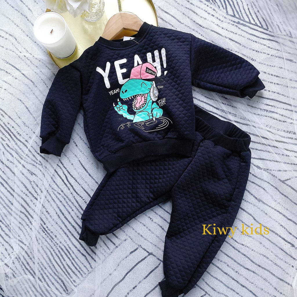 BỘ NỈ ÁO VÀ QUẦN KIWY KIDS33B hình khủng long Yeah cho BÉ TRAI TỪ 1 ĐẾN 4 TUỔI