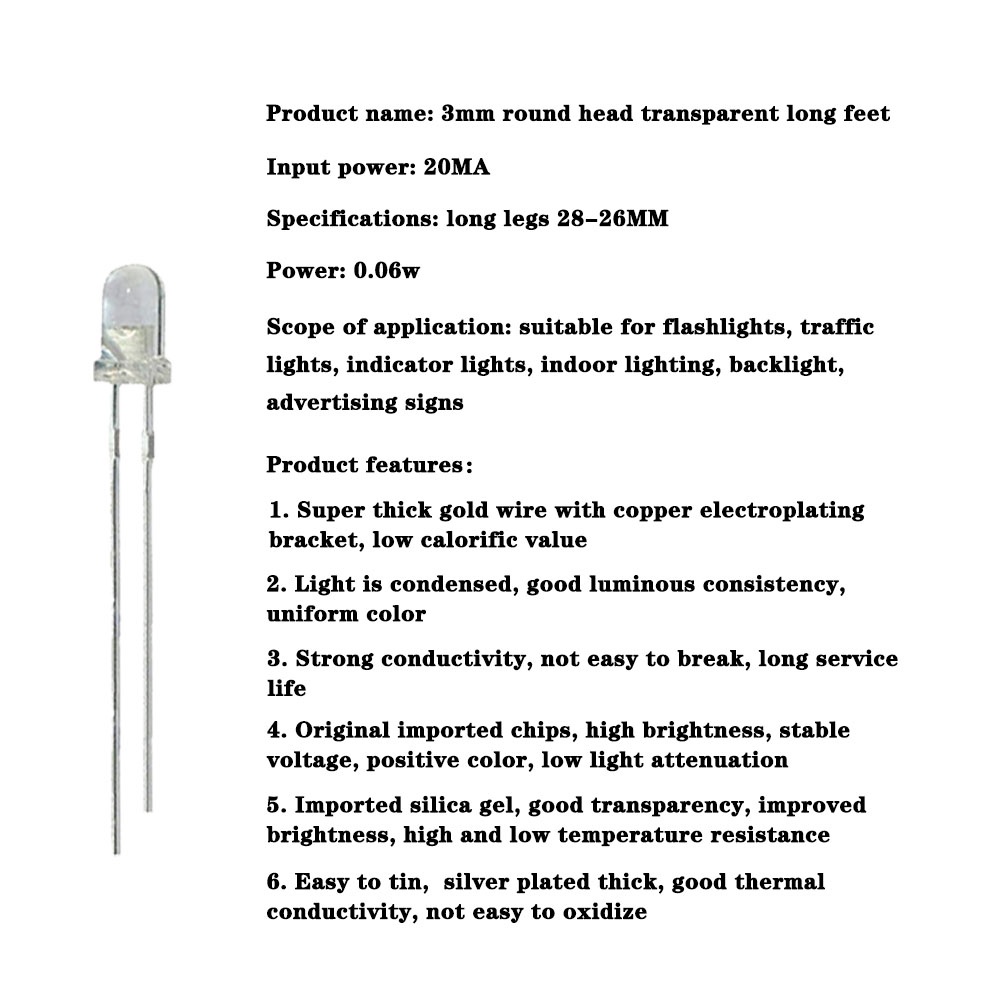 Set 100 đèn LED 3mm/F3 trong suốt màu trắng/xanh lá/vàng/đỏ/xanh lá/tím/hồng/đỏ