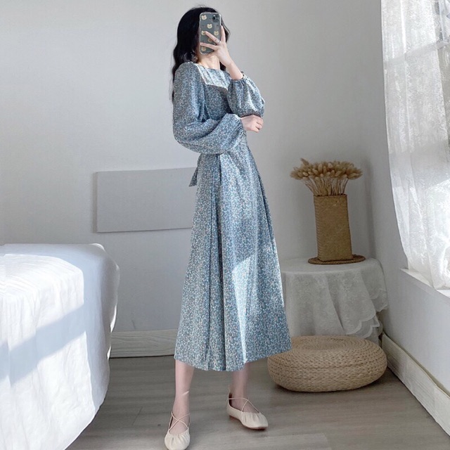 Đầm hoa dáng xoè chun tay - Đầm hoa dáng dài tôn dáng che bụng