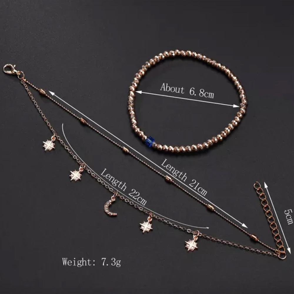 Lắc chân ba lớp xỏ hạt ngọc trai nhân tạo phối mặt hình ngôi sao và mặt trăng màu vàng thời trang
