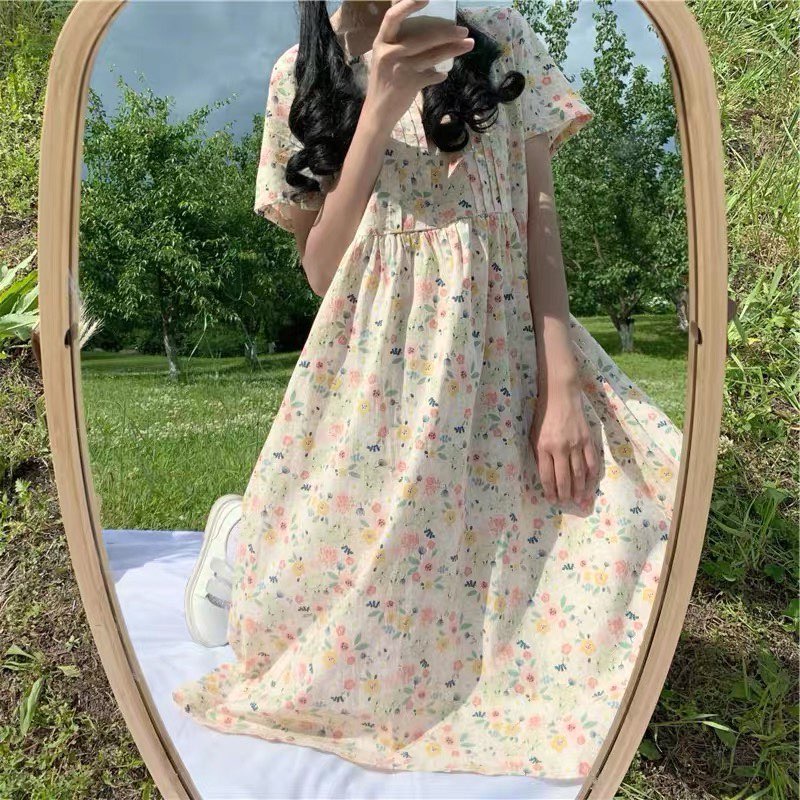 Váy Babydoll Hoa Cổ Vuông, Đầm Chữ A Form Suông Dài Cột Eo , Labibi