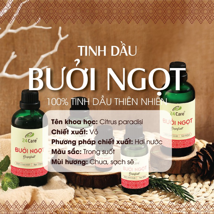 Combo 2 chai Tinh dầu 24Care Sả chanh, Bưởi Ngọt - (10ml/chai)