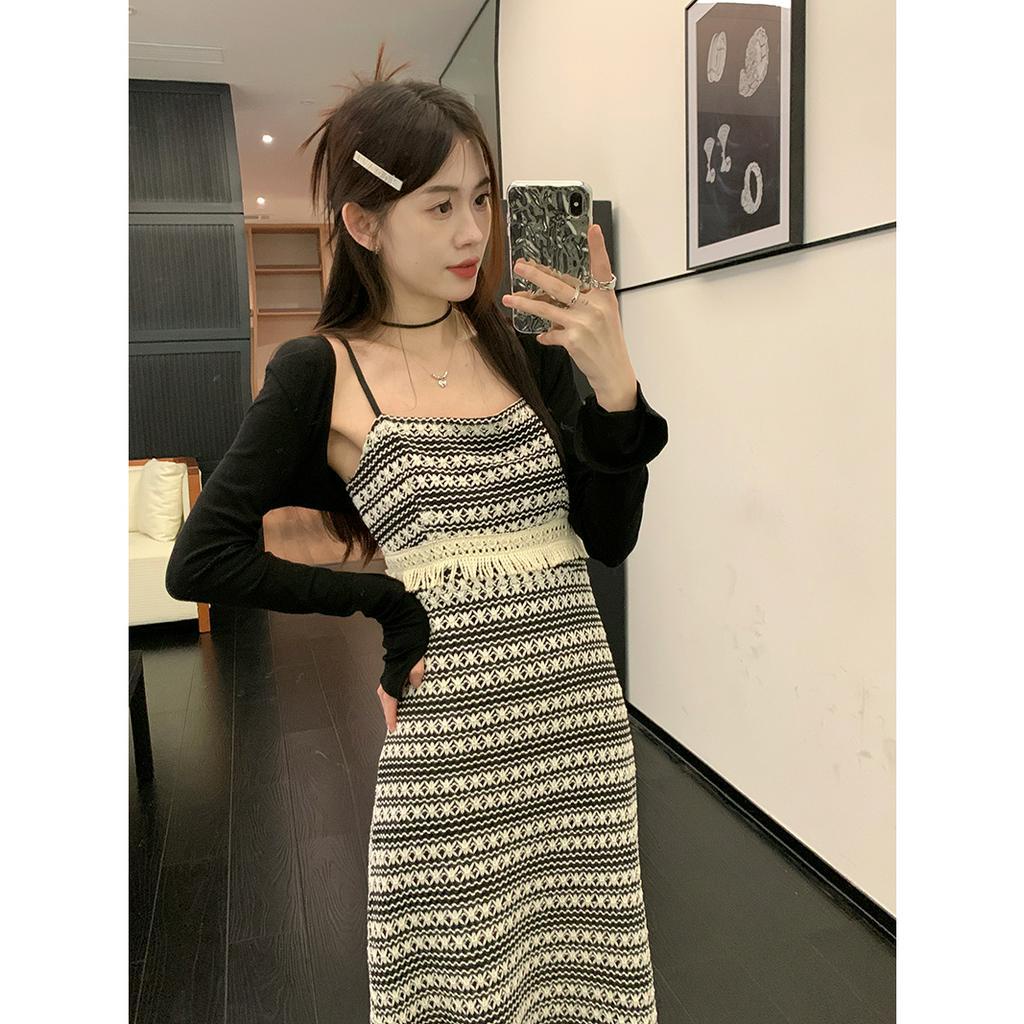 Porozi Set Đầm Hai Dây Dệt Kim Kẻ Sọc Phối Tua Rua + Áo Khoác Cardigan Dài Tay Thời Trang Nữ Retro