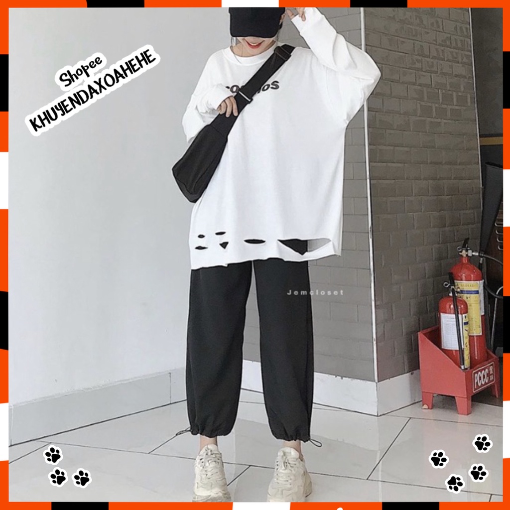 SQ009 Set áo thun dài tay rách Cosmos form rộng + quần Jorgger đen gấu bo nam nữ, bộ áo phông trắng oversize quần dài