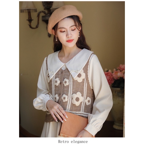 Áo Gile Len Đan Lưới Hoạ Tiết Hoa Mẫu Đơn Phong Cách Retro Elegance