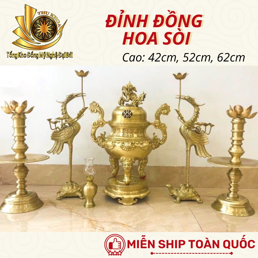 Bộ Đỉnh Đồng Thờ Cúng Ngũ Sự Tam Sự Bằng Đồng 42cm, 52cm Đồng Vàng Đúc Thủ Công Đỉnh Đồng Đại Bái Miễn Ship Toàn Quốc