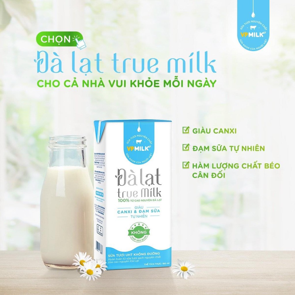 Thùng 48 hộp sữa tươi Đà Lạt True Milk 180ml