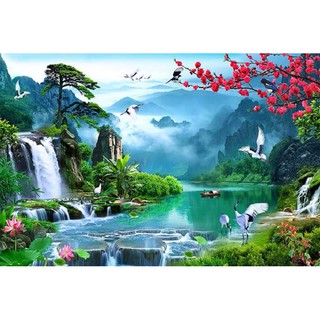 Tranh dán tường Phong Thủy 3D Sơn Thủy Hữu Tình HT LunaTM-0400