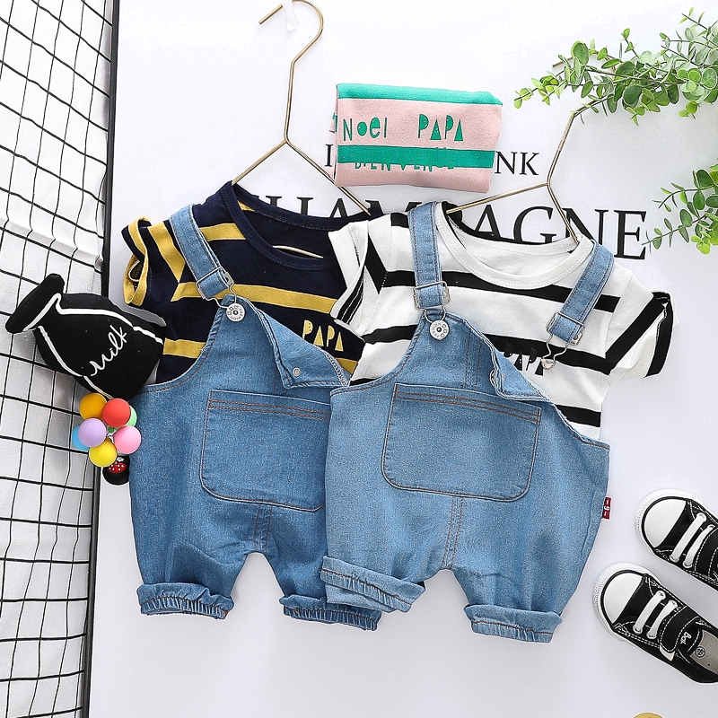 Bộ trang phục 2 món gồm áo cotton ngắn tay và quần denim xinh xắn cho bé trai và bé gái 0-5 tuổi