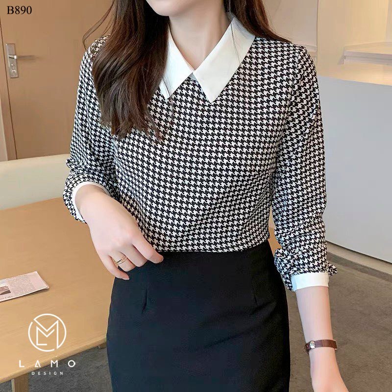 Áo sơ mi công sở nữ đẹp kiểu hàn quốc họa tiết manngo cổ phối trắng LAMO-B890