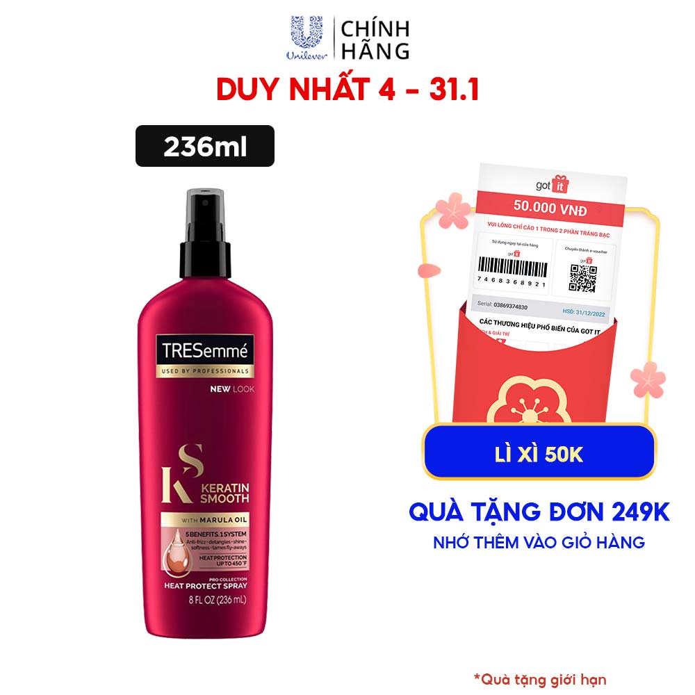 Xịt bảo vệ TRESEMME Keratin Smooth dưỡng tóc tạo kiểu Dầu Dưỡng Tóc Marula &amp; Keratin Bảo Vệ Tóc Khỏi Nhiệt Độ Cao 236ml