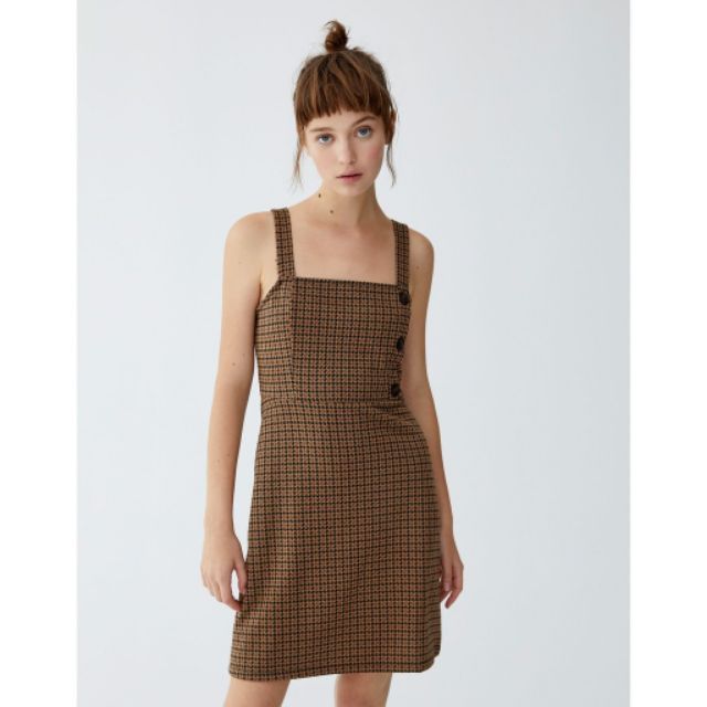 (100% cut tag) Pull and bear - Đầm hai dây kẻ ô khuy gỗ