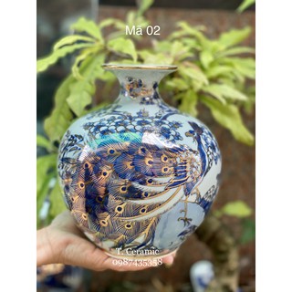 Bình hút lộc men lam vẽ vàng gốm sứ Bát Tràng