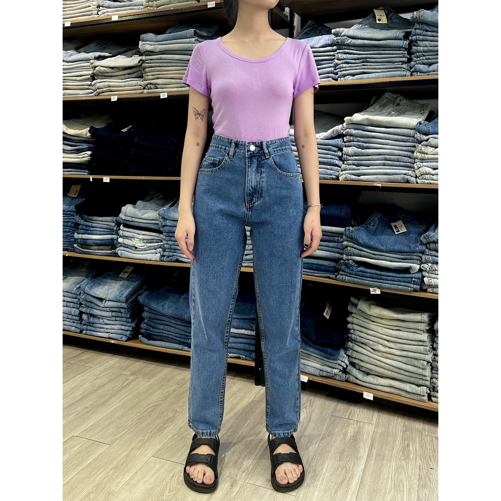 Quần Baggy Jeans Nữ Lưng Cao Màu Xanh Đậm B-03