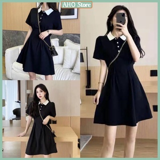 Váy polo nữ triết eo phối cổ trắng dáng xòe đầm nữ cộc tay cổ sơ mi freesize
