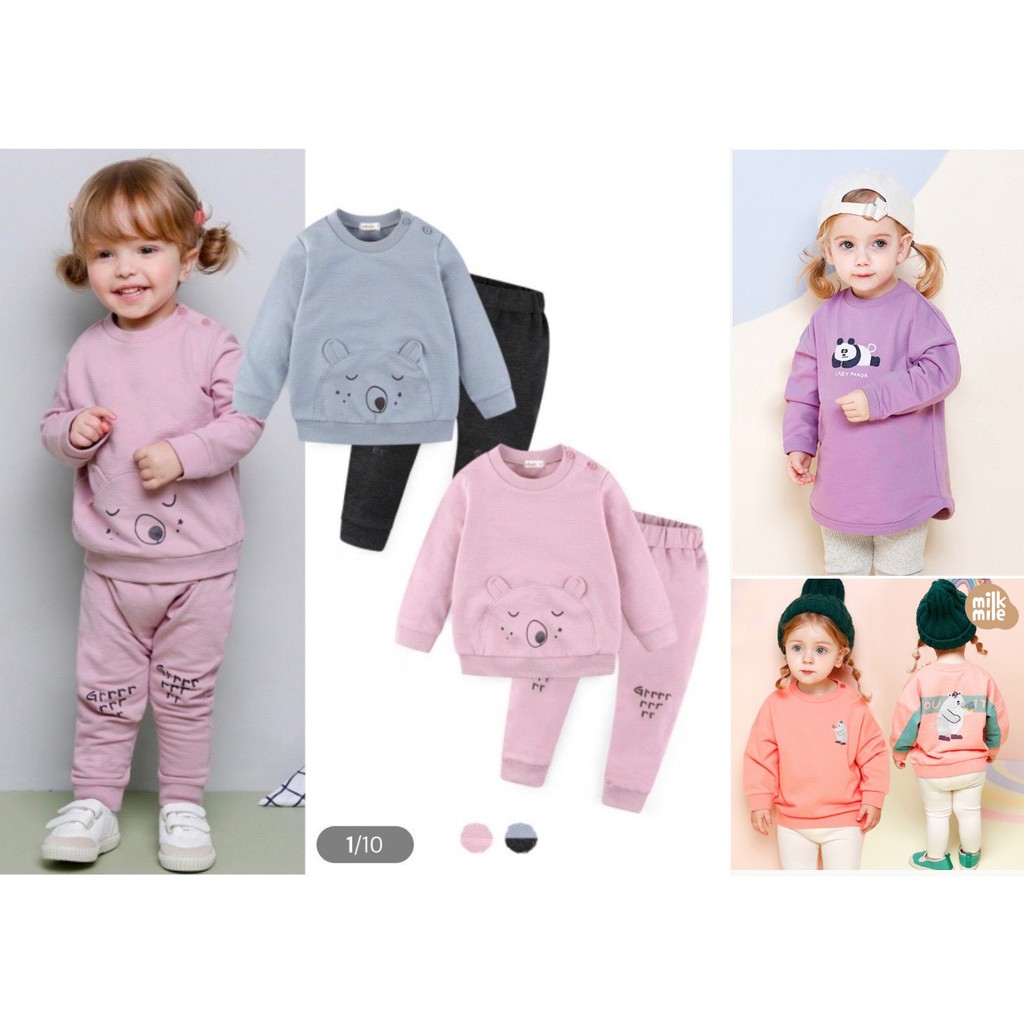 Áo nỉ da cá xuất Hàn Milkmile họa tiết gấu các loại(90,100,110,120,130)