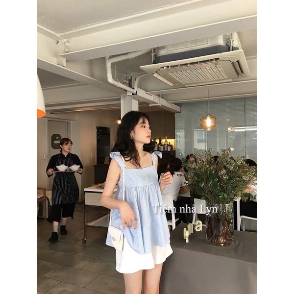 Set đồ adela gồm áo 2 dây kẻ và quần sooc trắng dày dặn/ Set babydoll kẻ caro buộc vai kèm quần đùi