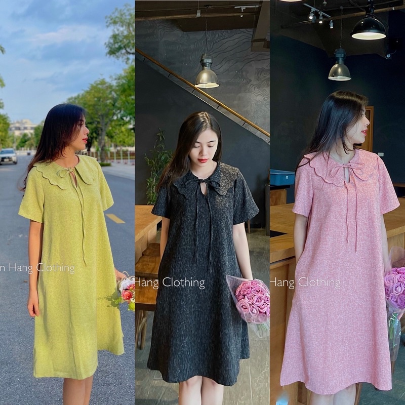 Váy suông A cổ lượn sóng thắt nơ