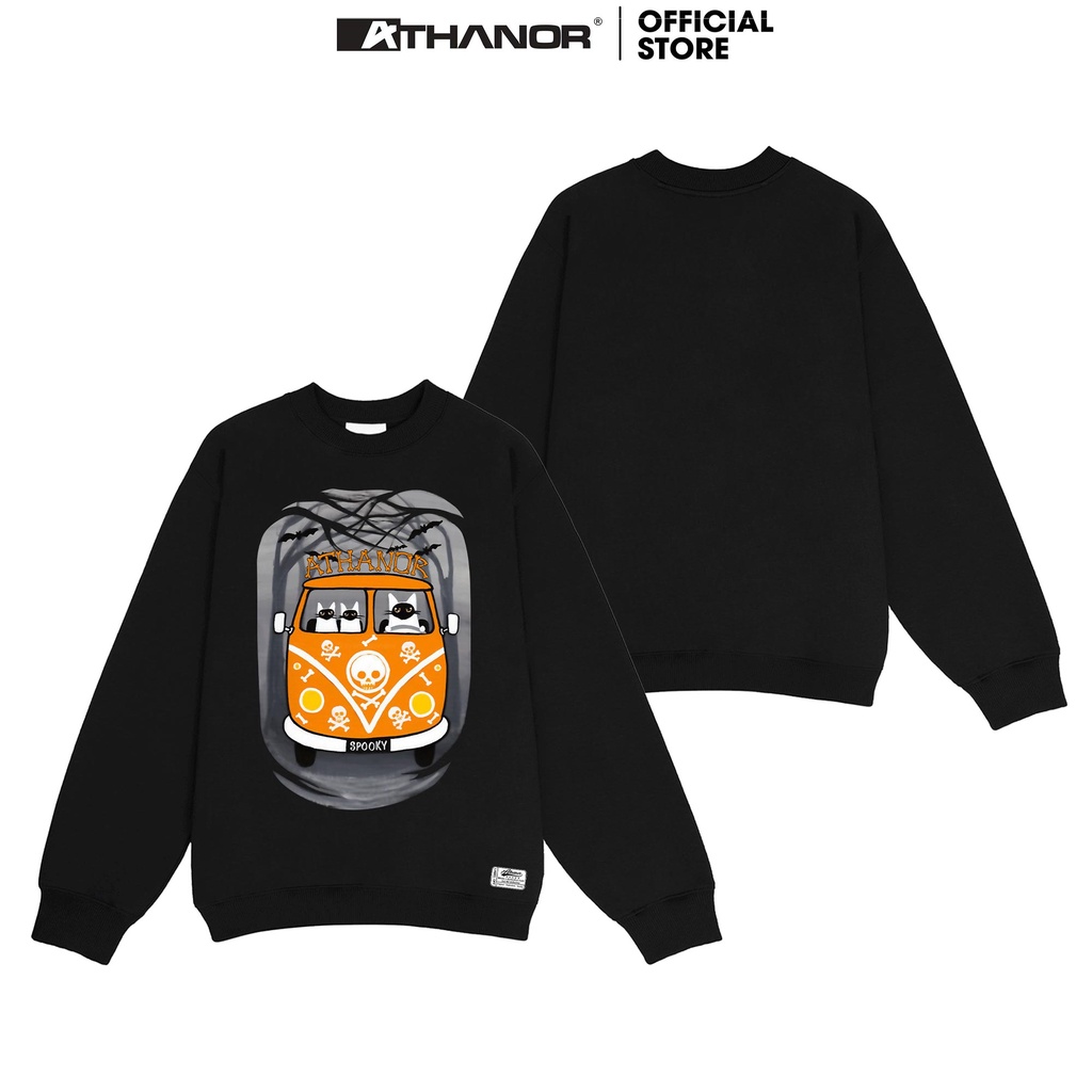 Áo nỉ sweater ATHANOR form rộng chất nỉ bông dày 100% cotton dài tay mẫu halloween in hình ba con mèo