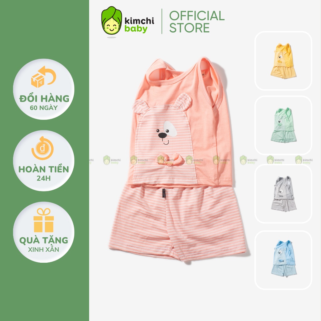Đồ Bộ Bé Gái, Bé Trai KIMCHIBABY Vải Thun Lạnh Hoạ Tiết Gấu Trúc Đính Nơ Quần Kẻ, Bộ Ba Lỗ Cho Bé Mặc Nhà KW2211