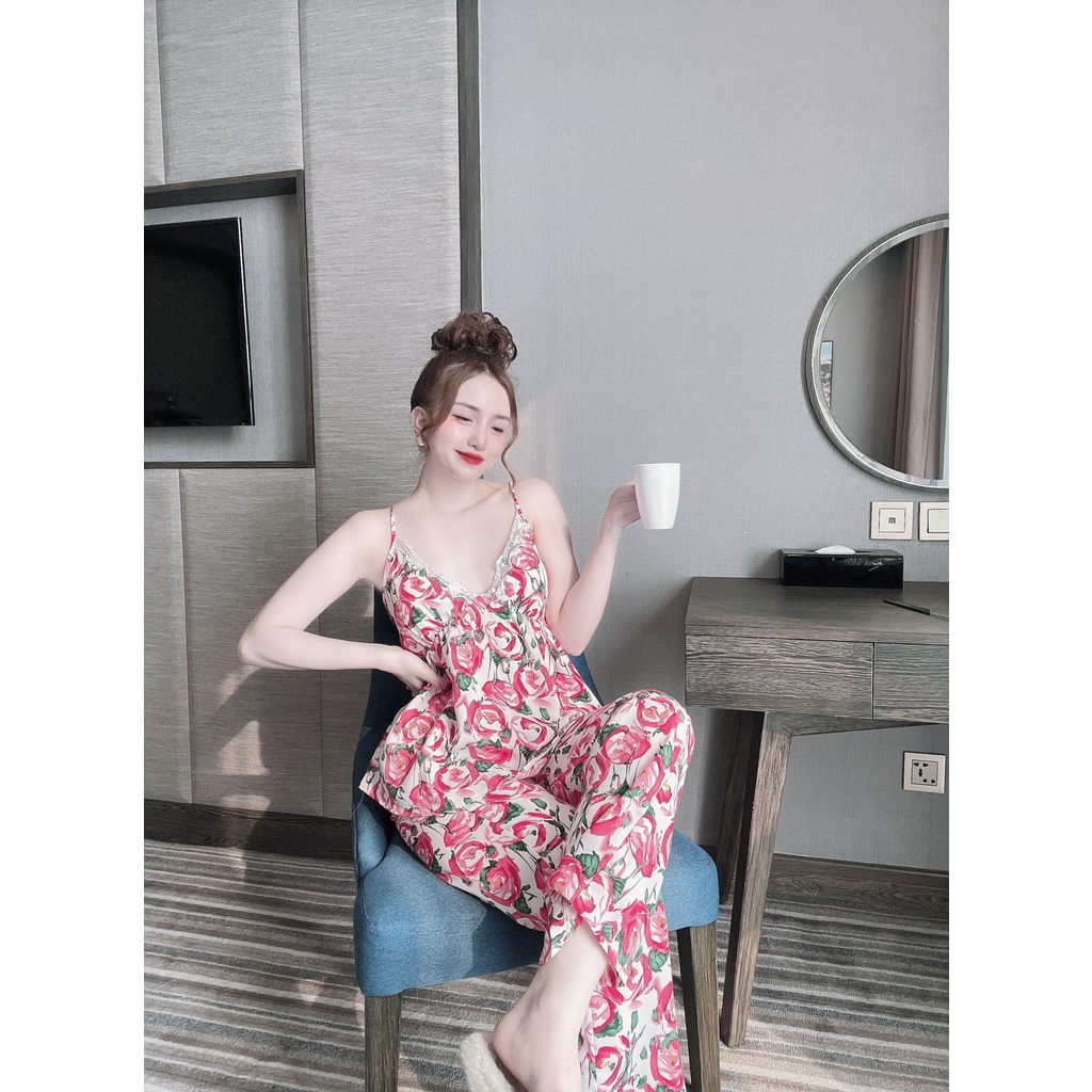 Đồ Pijama ngủ mặc nhà lụa mango hai dây TNQD (tặng kèm muốt ngực) freesize form 42-58kg