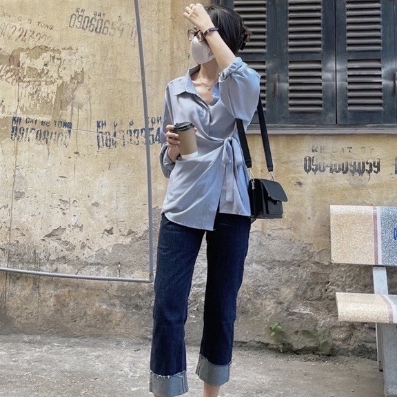 Áo Sơmi form Oversized Dây Thắt Eo - Sơ Mi Buộc Lệch Eo Dài Tay Nâu Be Xanh Trắng