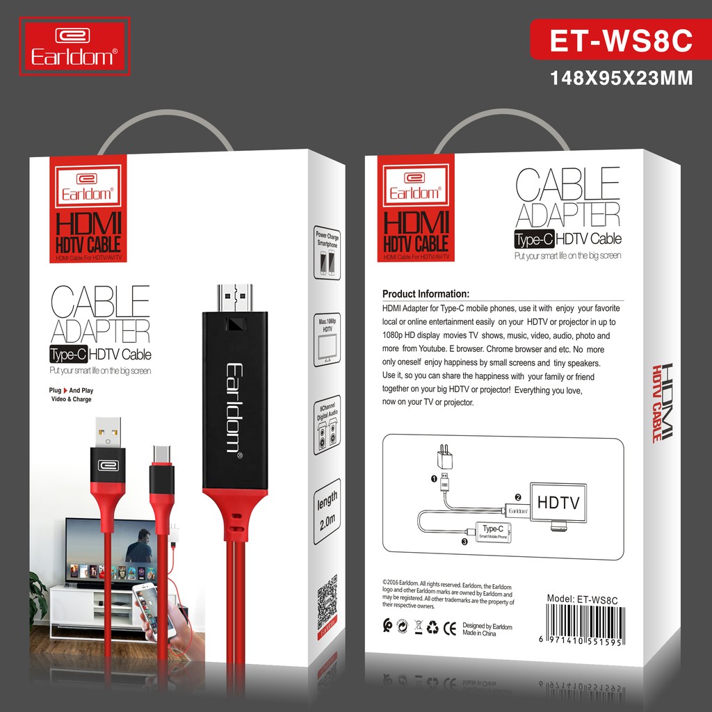 Dây Cáp HDMI Earldom WS8C Type C USB 2m Loại Dẹt tivi, chơi game, máy chiếu, chuẩn full HD - BH 1 Năm - Made in Taiwan