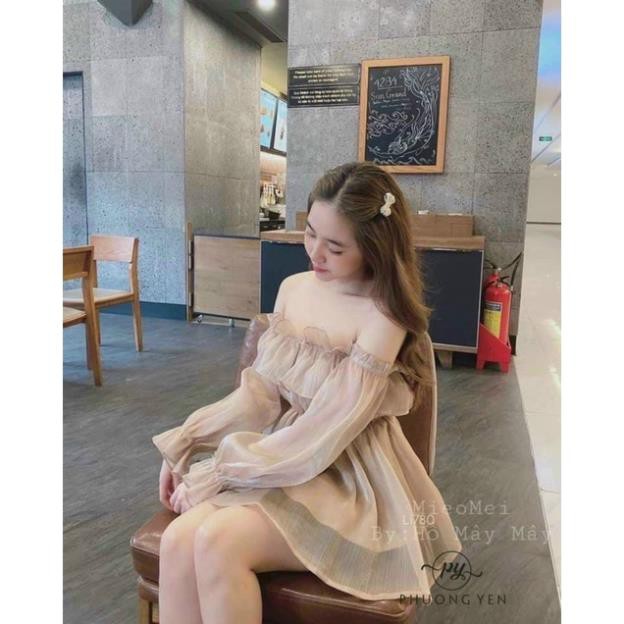 Đầm Voan Tơ Gân Hở Vai Tay Dài Phồng Xòe Công Chúa Nude Trắng DRDK01
