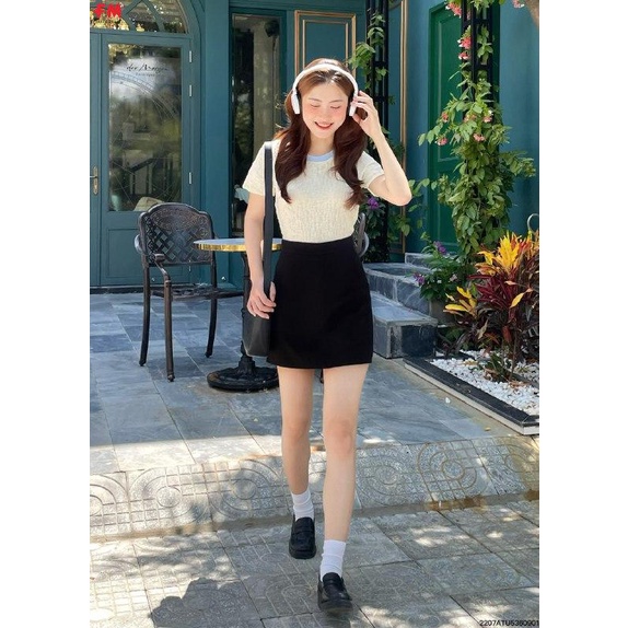 Áo croptop nữ FM Style tay ngắn cổ tròn phối viền chất thun nhăn mềm mịn thời trang ulzzang 207090003