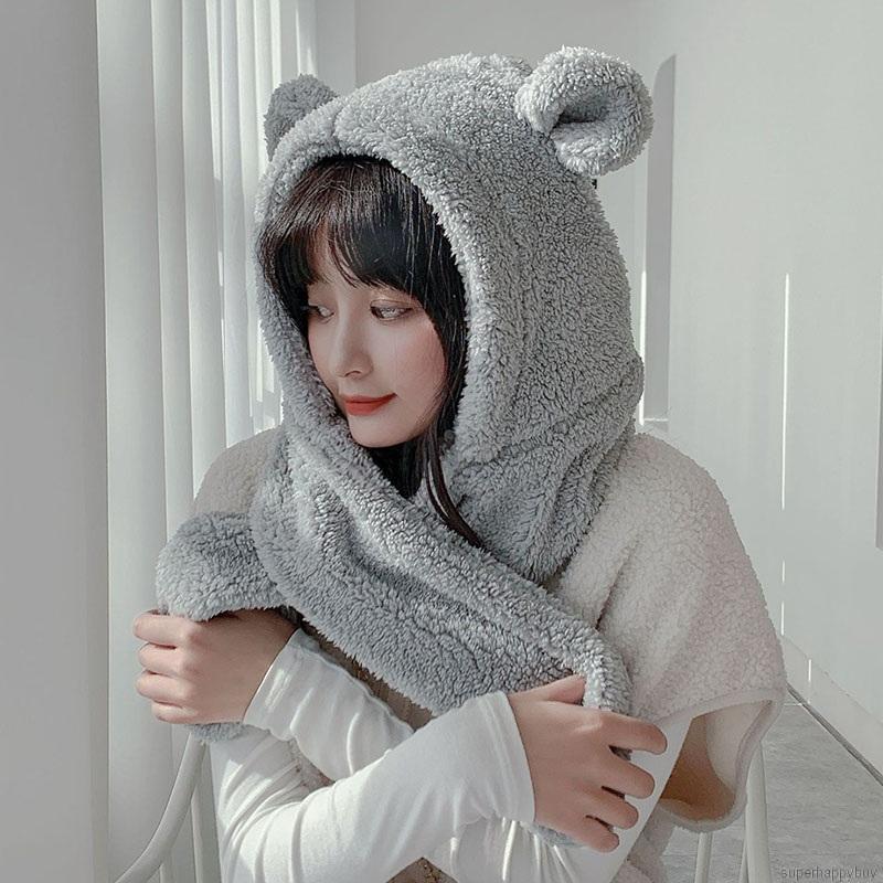 Mũ tai gấu phối lông nhung màu trơn kèm khăn choàng đáng yêu thời trang mùa đông cho nữ