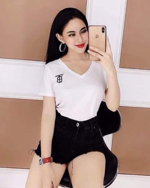 Áo thun nữ cổ tim TB siêu đẹp kèm ảnh thật cận chất