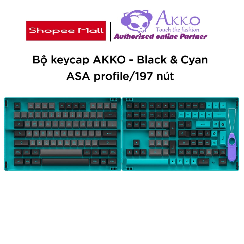 [Mã BMLT100 giảm đến 100K đơn 499K] Bộ keycap Akko – Black &amp; Cyan (PBT Double-Shot/ASA profile/197 nút)