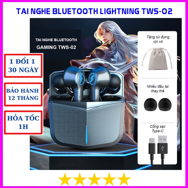 Tai nghe bluetooth TWS-02 không dây pin trâu, bass mạnh, Tai Nghe Nhét Tai Có Đèn Led RGB đa sắc, độ trễ cực thấp