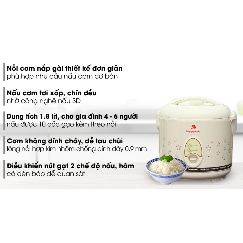 Nồi Cơm Điện Happy Cook Cao Cấp 3 Dung Tích 1.8 Lít, 2 Lít và 3 Lít ( HC180, HC200,HC300), Bền Đẹp Cơm Ngon