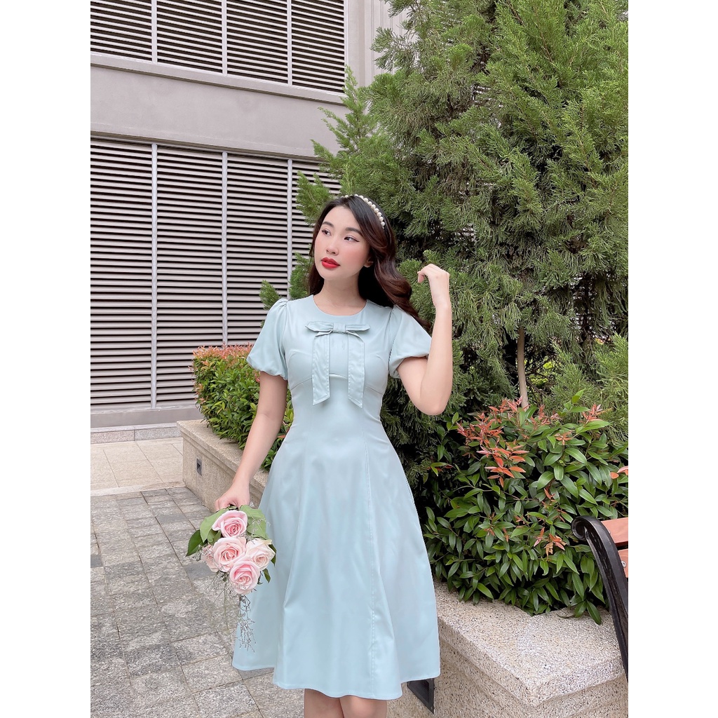 Đầm xòe Lomena dress C559 Tay bồng cổ tròn đính nơ trẻ trung Cin House