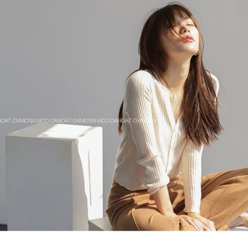 Áo Khoác Cardigan Thun Len Nữ Tay Dài Cổ Tim Hàn Quốc