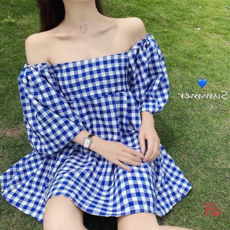 SIÊU PHẨM. 💃 Đầm Babydoll Nữ Kẻ Xanh Cổ Vuông. TRUNGHIEU . Váy Nữ Tay Bồng Dáng Xòe | BigBuy360 - bigbuy360.vn