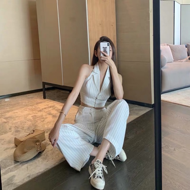 (HÀNG K CÓ SẴN) set bộ vest cổ yếm quần ống rộng sang chảnh 031706