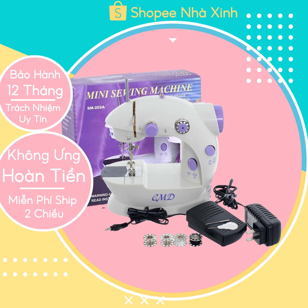 Máy khâu mini gia đình tiện dụng, máy khâu mini 2 chế độ nhanh chậm có đèn LED, tặng kèm 4 cuộn chỉ