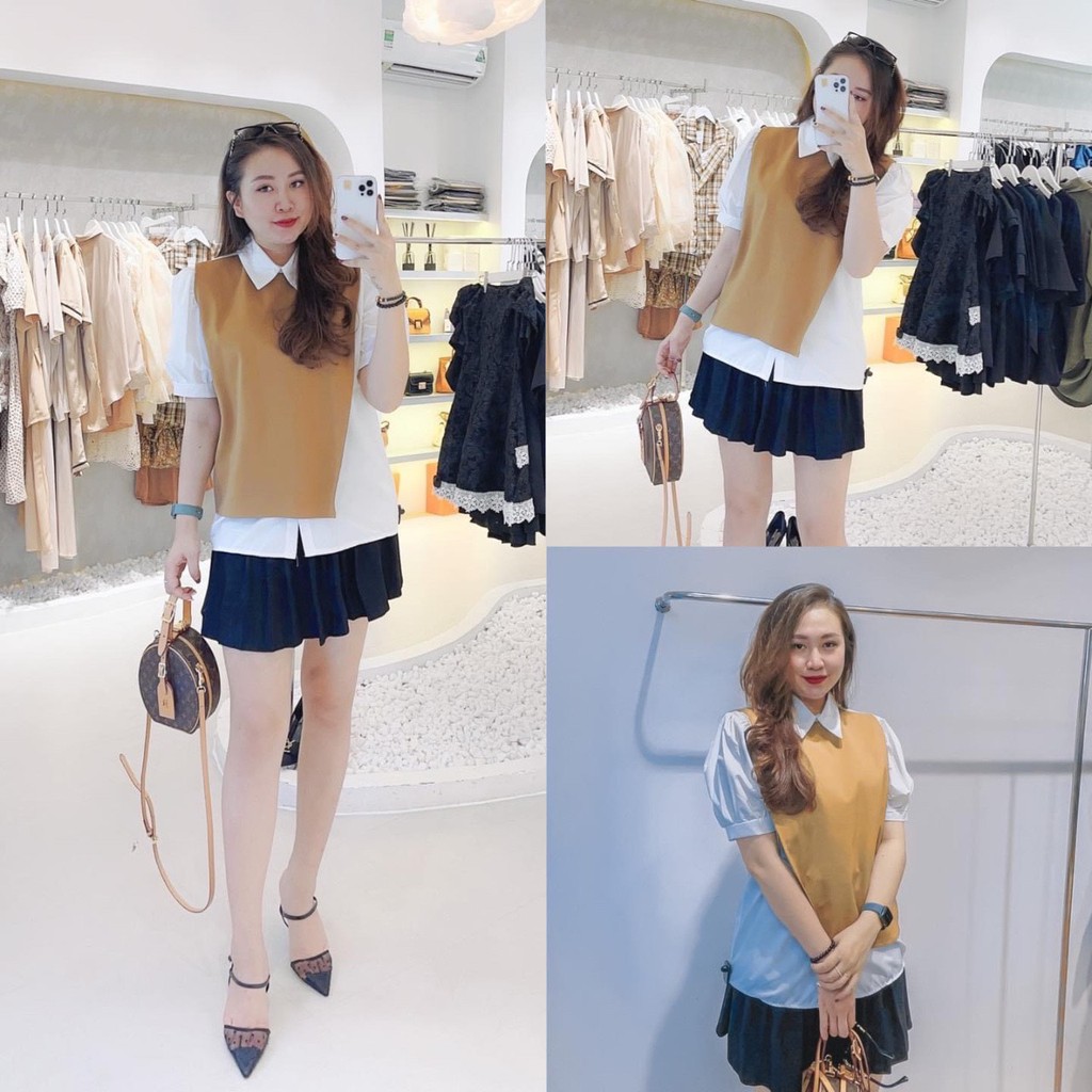 Set Áo sơ mi nữ Rainbow thiết kế tay cộc phối 2 màu dáng suông mix chân váy nữ vải mềm thoáng mát, năng động_Kèm video