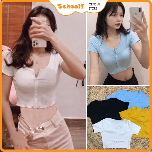 Áo croptop tay ngắn cổ tròn phối 5 cúc dọc màu Trắng / Đen / Vàng / Xanh dương - Chất vải Cotton co dãn ôm Body siêuxinh