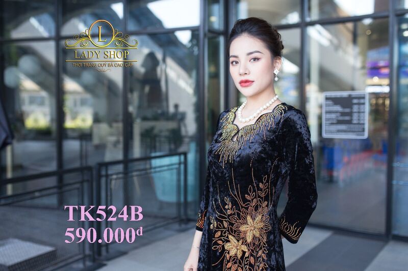 VÁY ĐẦM CAO CẤP - THỜI TRANG TRUNG NIÊN LADYSHOP - Đầm nhung chùm hoa eo kết đá TK524