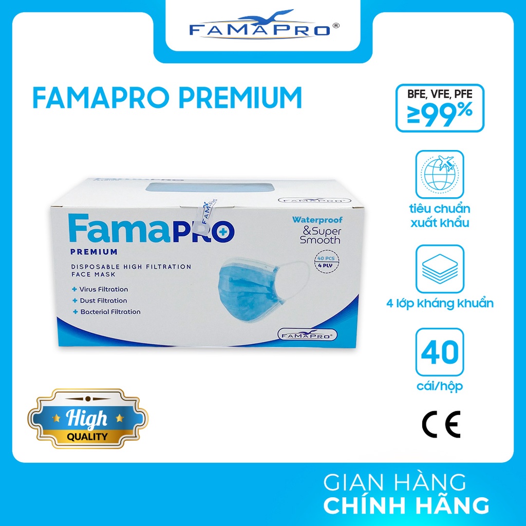 [PREMIUM- COMBO 4- HỘP 40 CÁI] Khẩu trang y tế cao cấp 4 lớp kháng khuẩn Famapro Premium