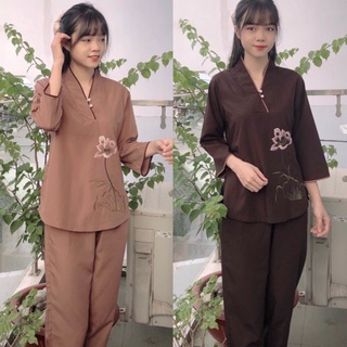 ĐỒ LAM ĐI CHÙA Nút Ngọc Cổ Tim thêu hoa sen dành cho nữ