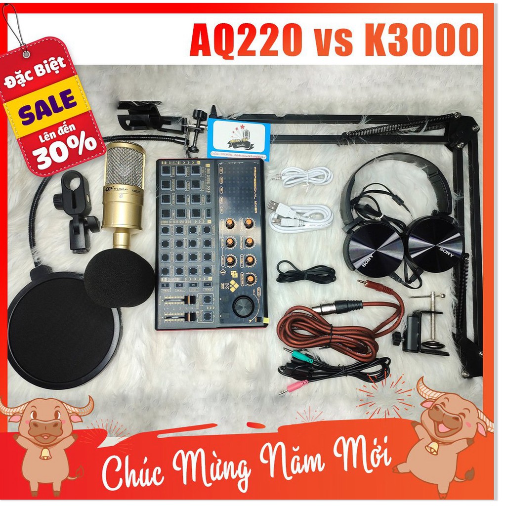 [tặng full phụ kiện] trọn bộ combo micro AQ220 + sound card K3000 + full phụ kiện livestream karaoke thu âm chuẩn xịn