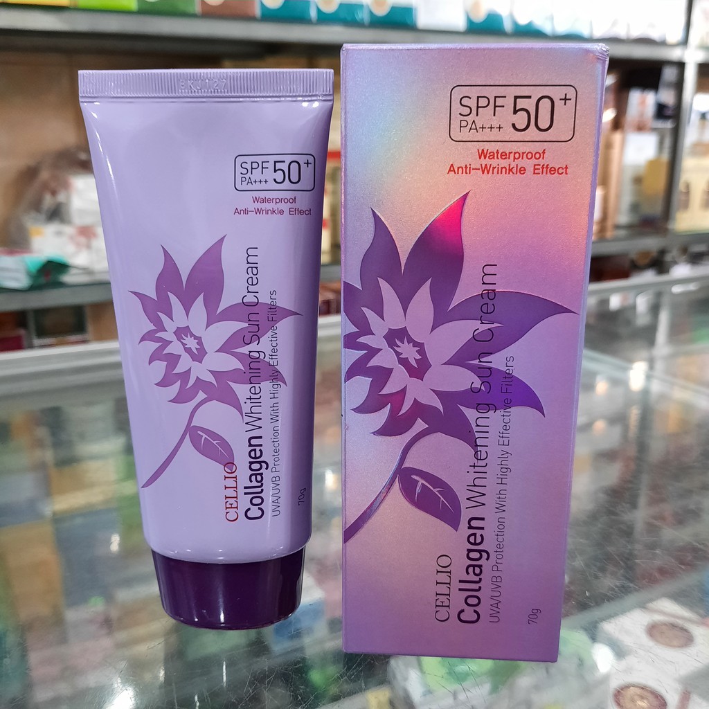 Kem chống nắng Cellio Collagen Whitening Sun Cream SPF50+ PA+++ Hàn Quốc 70ml (Tím)