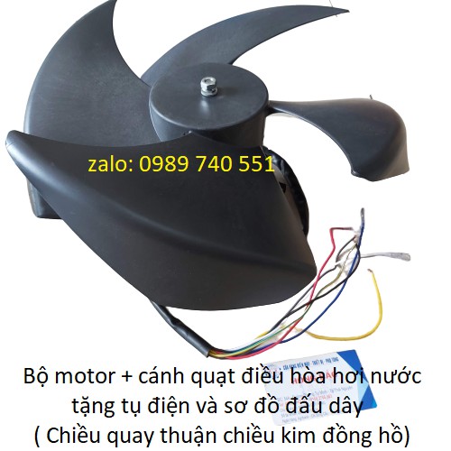 Bộ động cơ và cánh quạt điều hòa hơi nước tặng kèm tụ điện và sơ đồ đấu - Motor 120W dây đồng