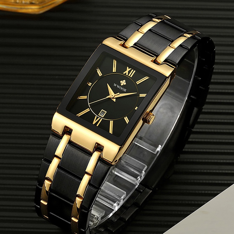 Wwoor Relogio Masculino Đồng Hồ Quartz Mặt Vuông Bằng Thép Không Gỉ Mạ Vàng Sang Trọng Kèm Hộp-8858