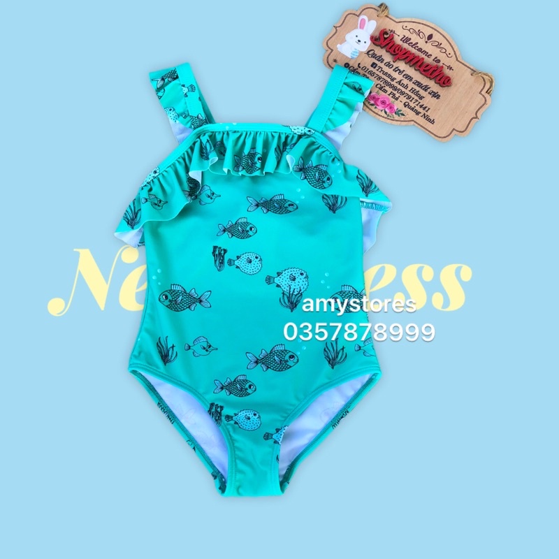 Bikini liền thân bé gái màu xanh, bộ bơi liền thân bé gái dư xịn