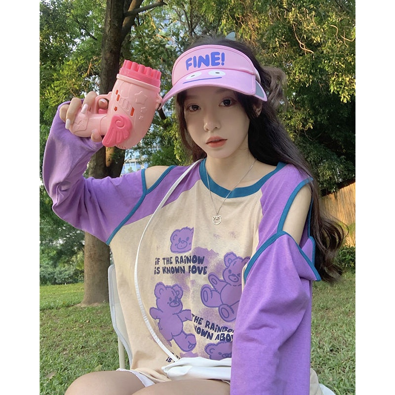 Jiashucheng Áo Thun Dáng Dài Vừa Phải Màu Tương Phản Hở Vai Phong Cách Mới Mùa Hè Cho Nữ @